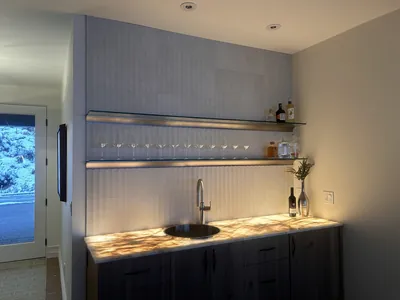 Textured Tile Wet Bar Backsplash w/ Lit Glass Shelving