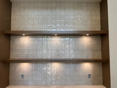 Gloss Square Tile Backsplash w/ Floating Shelves