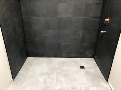 Large Format Black Shower Walls w/ Light Floor Tile 2