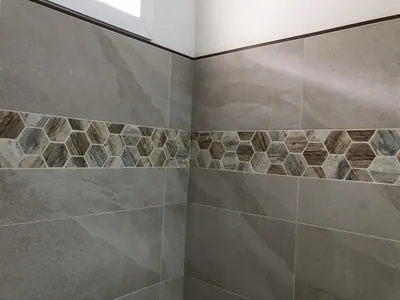 Custom Shower w/ Linear Drain, Corner Bench, and Feature Band Details 2
