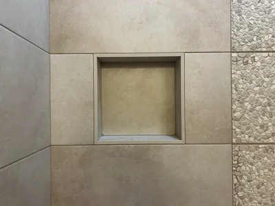 Custom Tile Shower w/ Bench, Pony Wall, Niche, and Feature Band Details 10