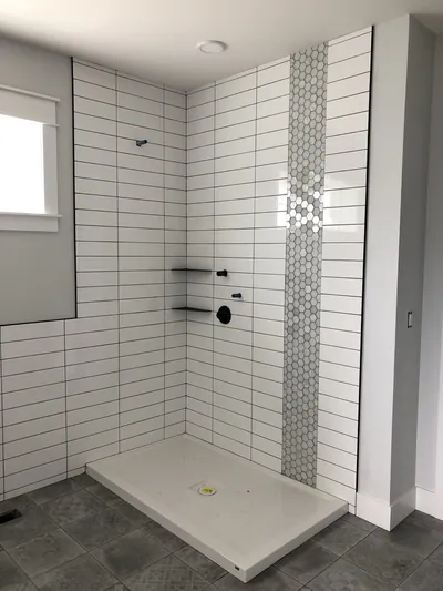 White Subway Tile Shower Surround w/ Hexagon Feature Band Detail 2